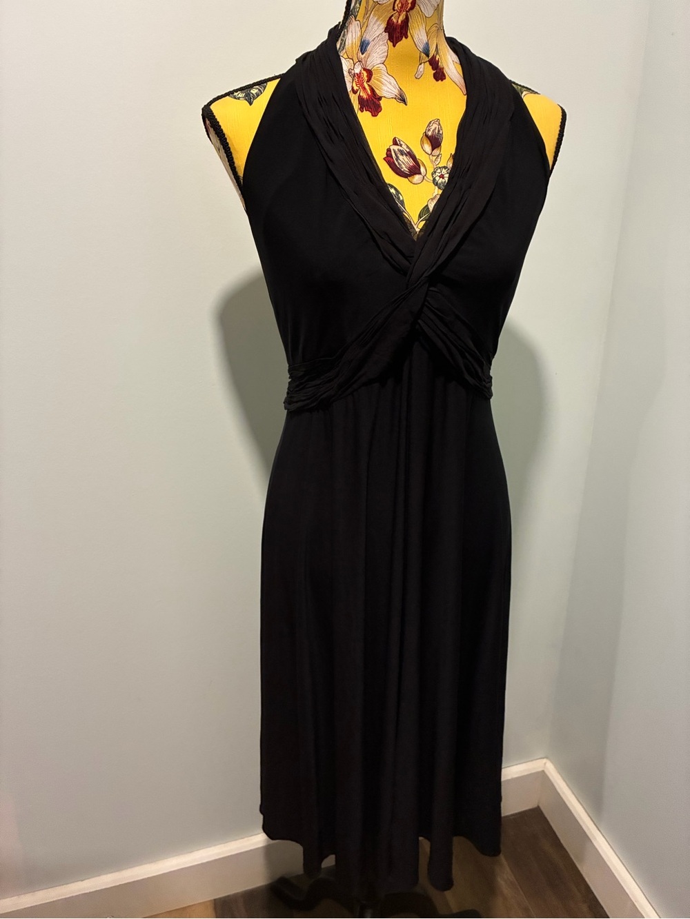 Jones New York Black Halter Midi Dress with Ruched Silk Knotted Detail Size 10